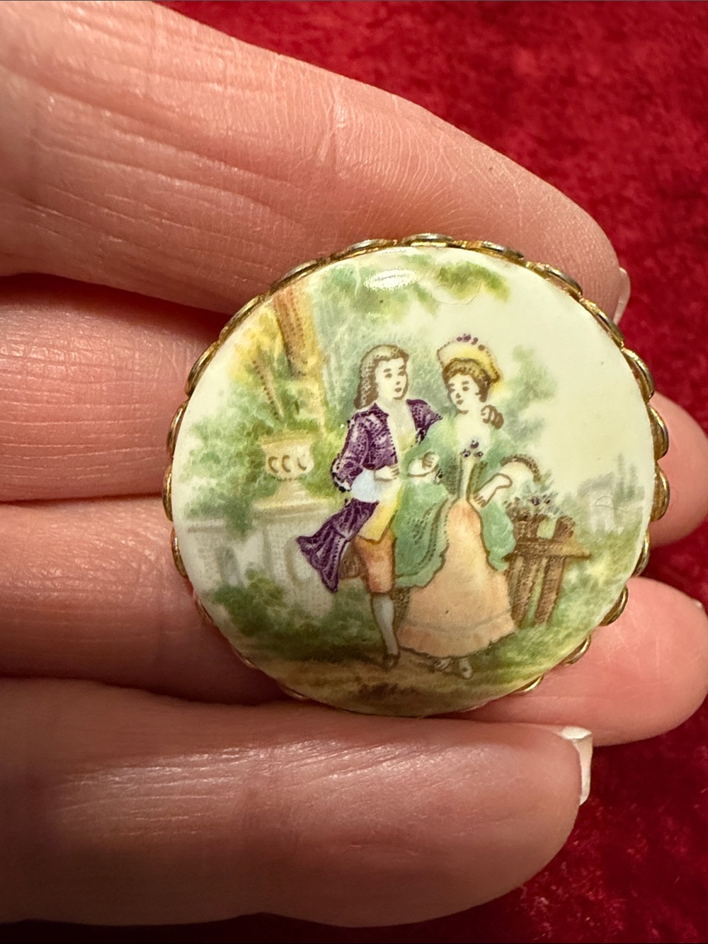 Hand-Painted Porcelain Brooch in Green, Cream and Purple
